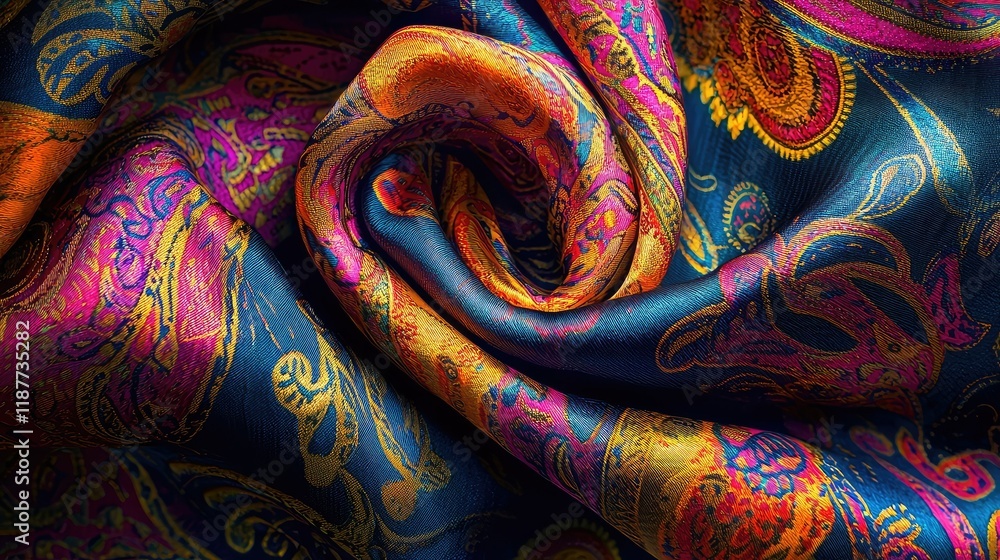 Poster close-up view of colorful silk fabric with intricate patterns