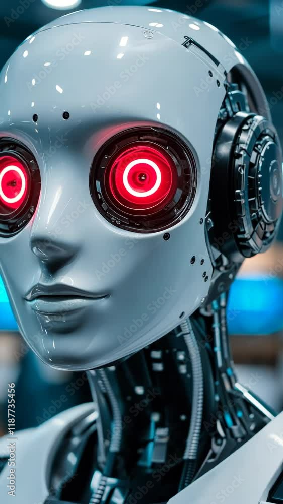Poster robot with glowing red eyes engaged in technology exposition showcasing advancements in artificial i