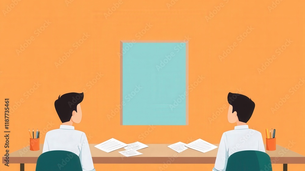 Poster two individuals sitting at a table with papers facing a blank wall in a simple interior with orange 