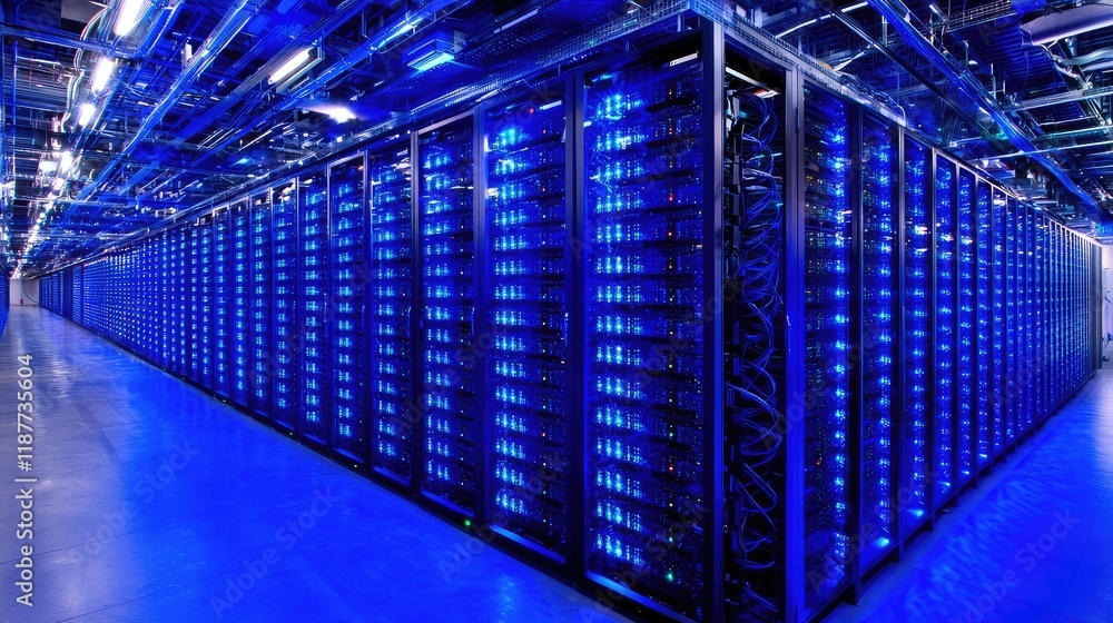 Poster futuristic data center with rows of blue server racks and cables