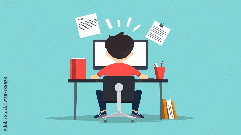 Poster young person working at a desk with a computer surrounded by documents and stationery in a bright an