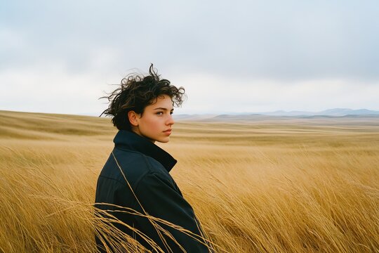 Young caucasian female in vast golden wheat field under cloudy sky - Powered by Adobe