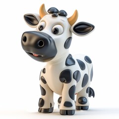 Naklejka premium A lively cartoon cow character stands upright, sporting a shiny coat with black and white patches. Its large eyes and smile convey a playful demeanor, making it a cute and friendly figure.