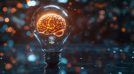 Illuminated brain inside a lightbulb.