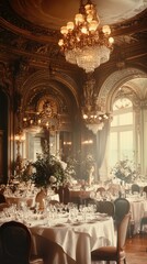 Elegant dining room with chandelier and lavish table settings