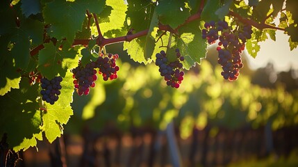 Vibrant grapes hanging on lush vineyard vines.