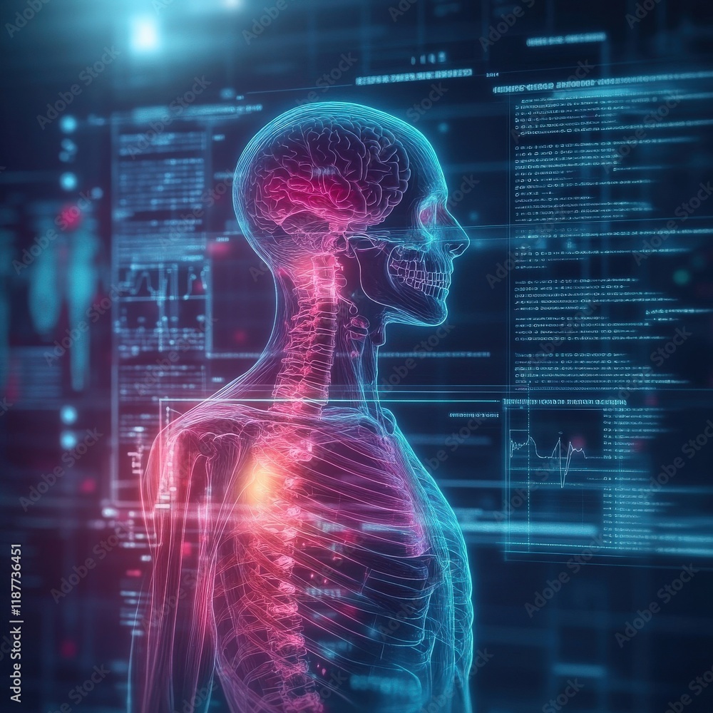 Poster anatomical visualization of human skeleton and brain with digital interface elements in a futuristic