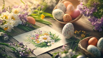 Spring bouquet with painted eggs and wildflowers on wooden table