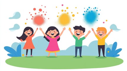 Fototapeta premium Happy Children Celebrating with Colorful Powder in a Joyful Outdoor Scene Surrounded by Nature and Bright Blue Sky on a Cheerful Day