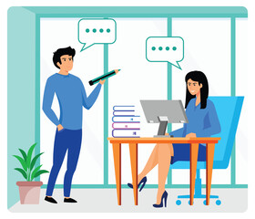 Employees standing and sitting, taking part in bubble dialogue.