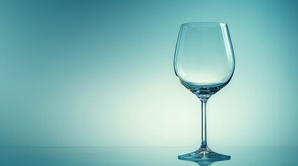 Fototapeta premium A clear wine glass stands on a smooth surface, reflecting soft light against a calming blue backdrop. The glass is empty, showcasing its delicate design and inviting a future toast. Copy space