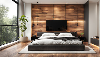 modern bedroom with wooden floors and accent wall