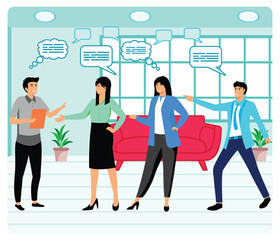 Business people, men and women talking to each other. Empty speech bubbles.