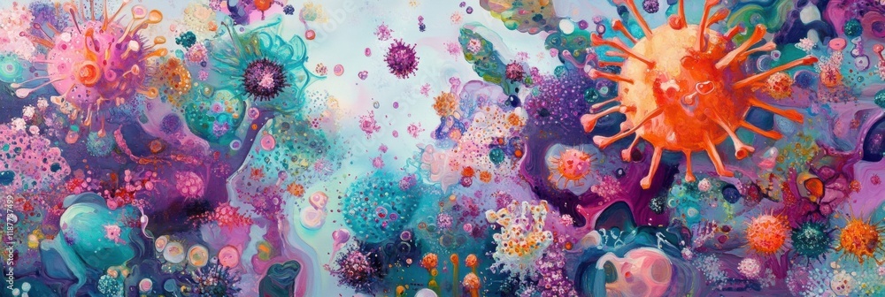 Aufkleber Colorful representation of a virus transforming and mutating in a vibrant microscopic world. Generative AI