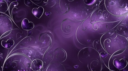 A deep violet background covered in glittering swirls and flourishes of purple and silver. Subtle heart patterns shimmer within the design.