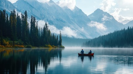 Obraz premium Serene Lake Fishing Adventure Amidst Majestic Mountains and Forests