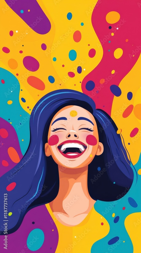 Poster vibrant and joyful abstract portrait of a woman laughing with colorful swirls and dots enhancing a p