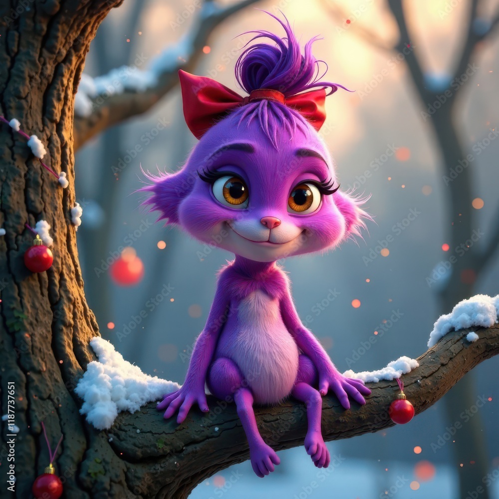 Poster a cheerful purple cartoon creature with a bow sits on a snow-covered tree branch. the surrounding wi