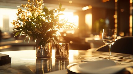 Sunset view through restaurant window, table set for dinner.