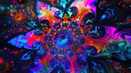 a colorful psychedelic artwork with intricate patterns and vibrant hues, No objects, white space in the center of the page for text