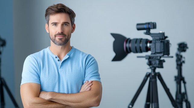 Confident caucasian male adult photographer in studio with professional camera equipment