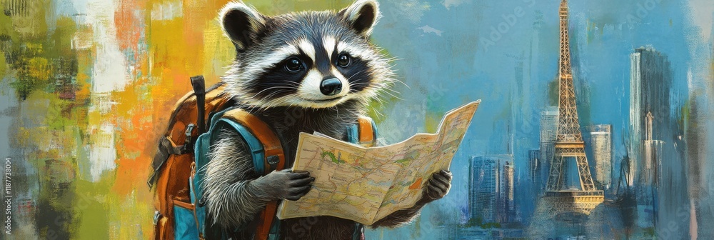 Poster raccoon adventurer exploring iconic world landmarks with a map and backpack. generative ai