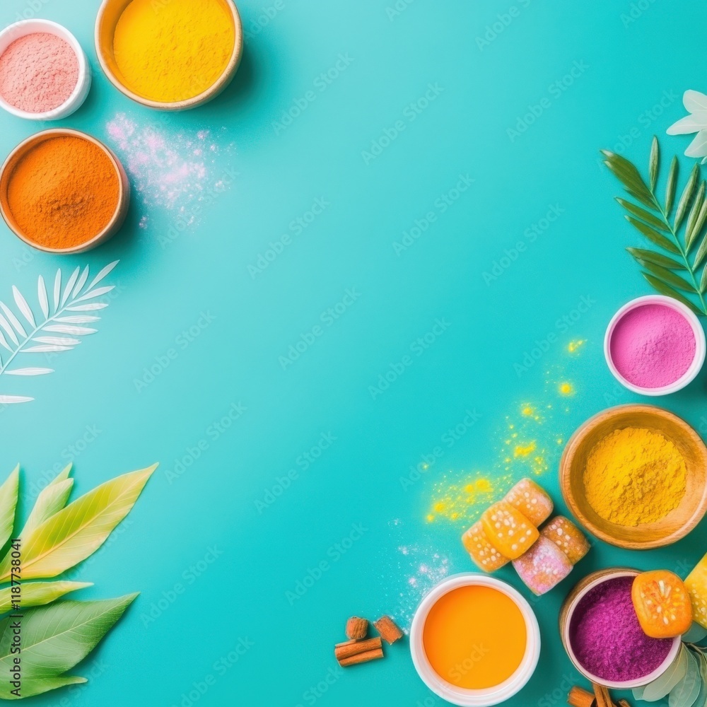 Aufkleber vibrant powders and natural elements on a blue background creating an artistic and colorful composit