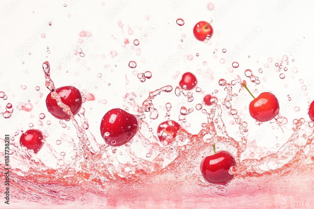 Poster cherries splashing in red liquid.