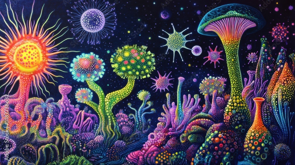 Poster vibrant microscopic landscape reveals a collection of glowing viruses in intricate patterns. generat