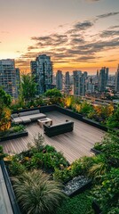 Fototapeta premium Beautiful Rooftop Garden at Sunset with City Skyline in Background