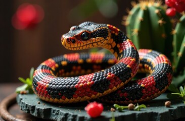Obraz premium A striking snake with vibrant black, red, and yellow patterns coils gracefully around a green cactus. The lively scene features small red berries and fresh greenery in a tranquil indoor environment.