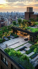 Obraz premium Urban Rooftop Garden with Scenic Sunset Over City Skyline
