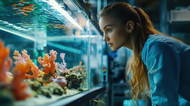 Realistic Marine Biologist Conducting Research in Aquarium Environment