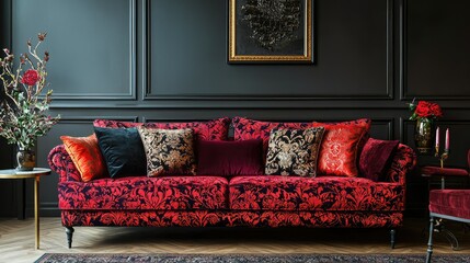 Elegant Red Velvet Couch with Luxurious Cushions in Stylish Room