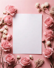 A blank paper surrounded by dried flowers on a wooden surface.