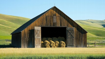 Weathered wooden barn with open doors revealing hay bundles in a green pasture under a clear blue sky. Generative AI