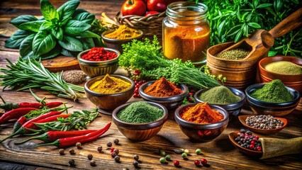 Fototapeta premium Captivating Low Light Photography of Fresh Herbs and Spices for Culinary Inspiration and Natural Beauty