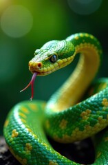 Fototapeta premium A striking green snake is seen curled on a branch, its scales shimmering in the soft light.