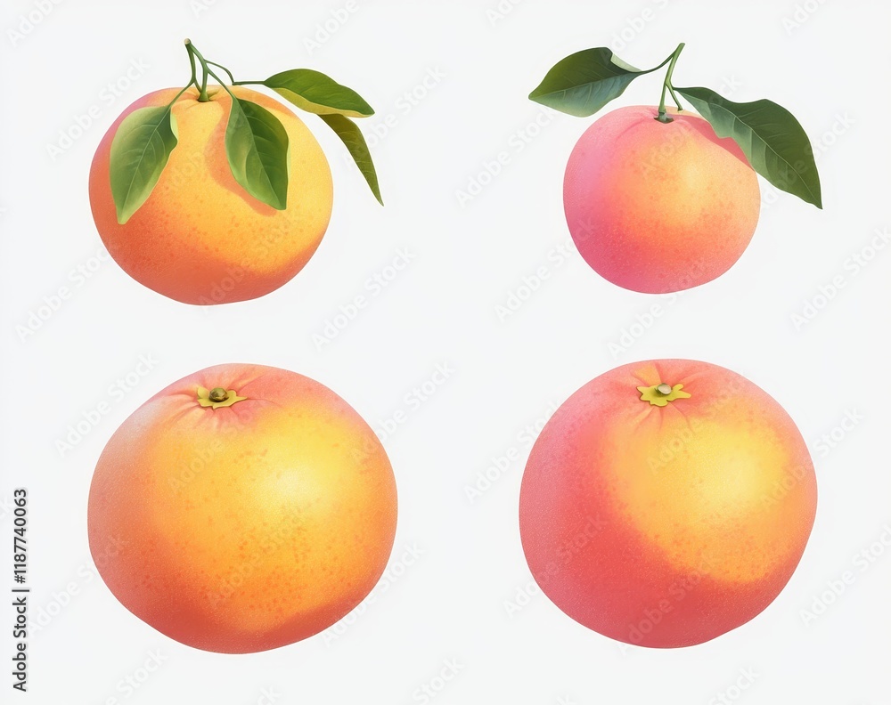 Poster four realistic grapefruit illustrations, variations in color and angle.