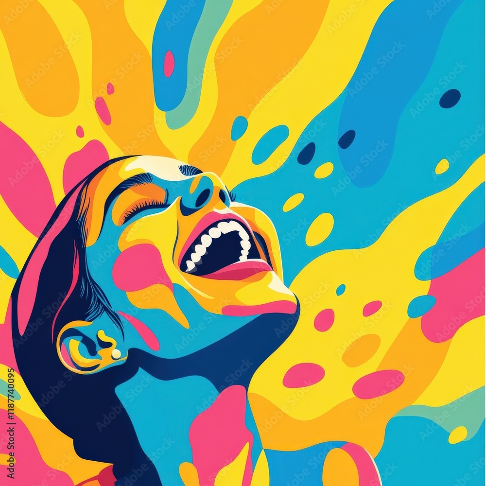 Poster vibrant and joyful abstract portrait of a woman expressing happiness with colorful swirls and dynami