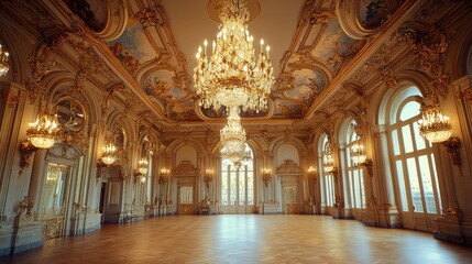 Fototapeta premium Elegant Historic Ballroom with Stunning Chandelier and Decor