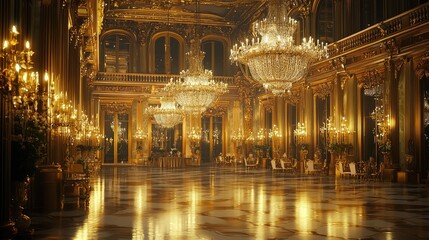 Fototapeta premium Luxurious Grand Hall with Opulent Chandeliers and Golden Decor