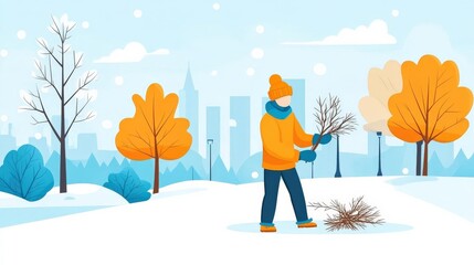 Person in Winter Clothing Collecting Branches in a Snowy Park with City Skyline in Background, Bright Colors and Snowflakes Creating a Serene Atmosphere