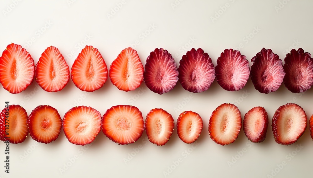 Poster strawberry cross-sections, red and dark red, arranged in rows.