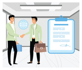 Two Businessmen Handshaking in Office During Agreement Signing.