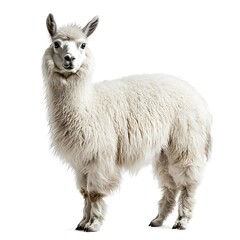Fototapeta premium Fluffy white alpaca standing, studio shot, isolated background, farm animal