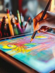 Close-Up of an Artist's Hand Using a Stylus to Create Digital Art