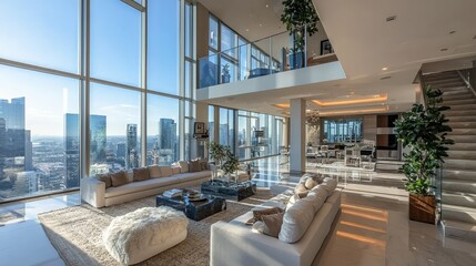 Fototapeta premium Modern Luxury Living Room with City Skyline View and Natural Light