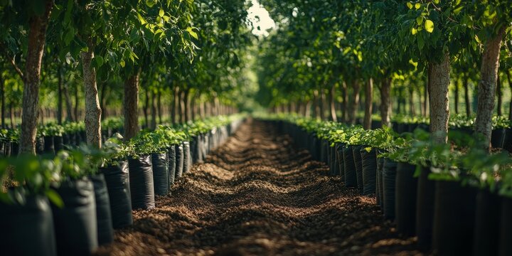 Rows of young saplings in black nursery bags growing in rich soil. - Powered by Adobe
