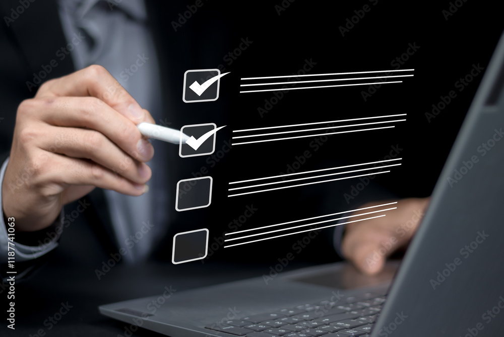 Poster businessman checklist concept as clipboard document checklist form on the virtual screen use your ha